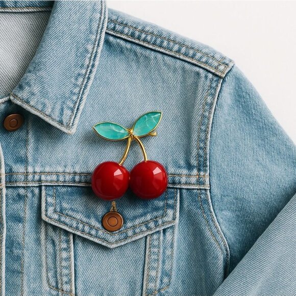 Red Enamel Cherry Brooch Pin Green Acrylic Gem Gold Tone Metal - Picture 2 of 14